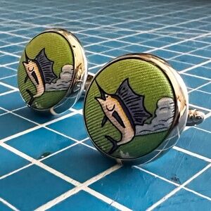 Green Silk Cufflinks - Marlins - Handmade from Upcycled Vintage Necktie